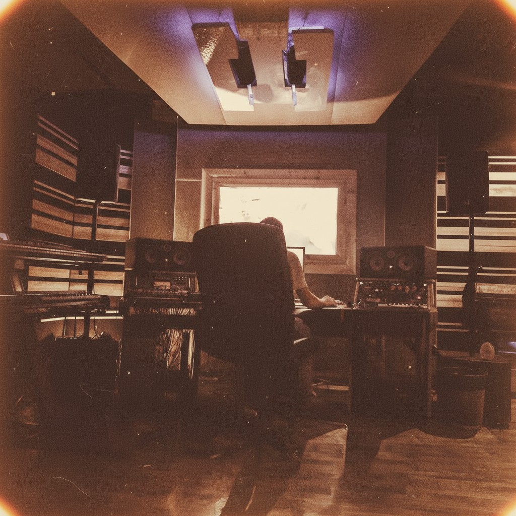 Adrian Klein working at a mixing desk in DeMoga Studio, facing the monitors and studio window.