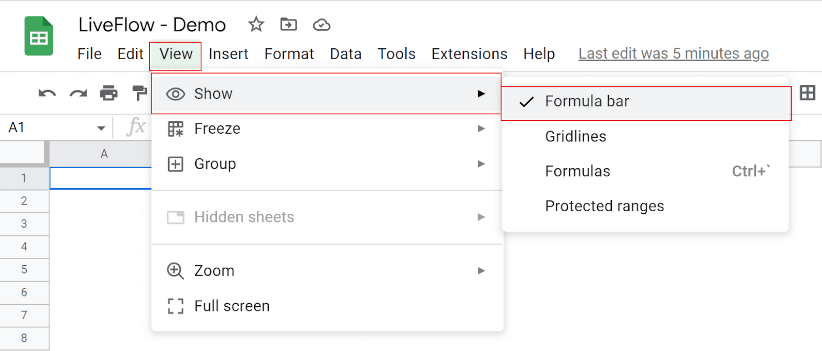 delete formula bar in Google Sheets