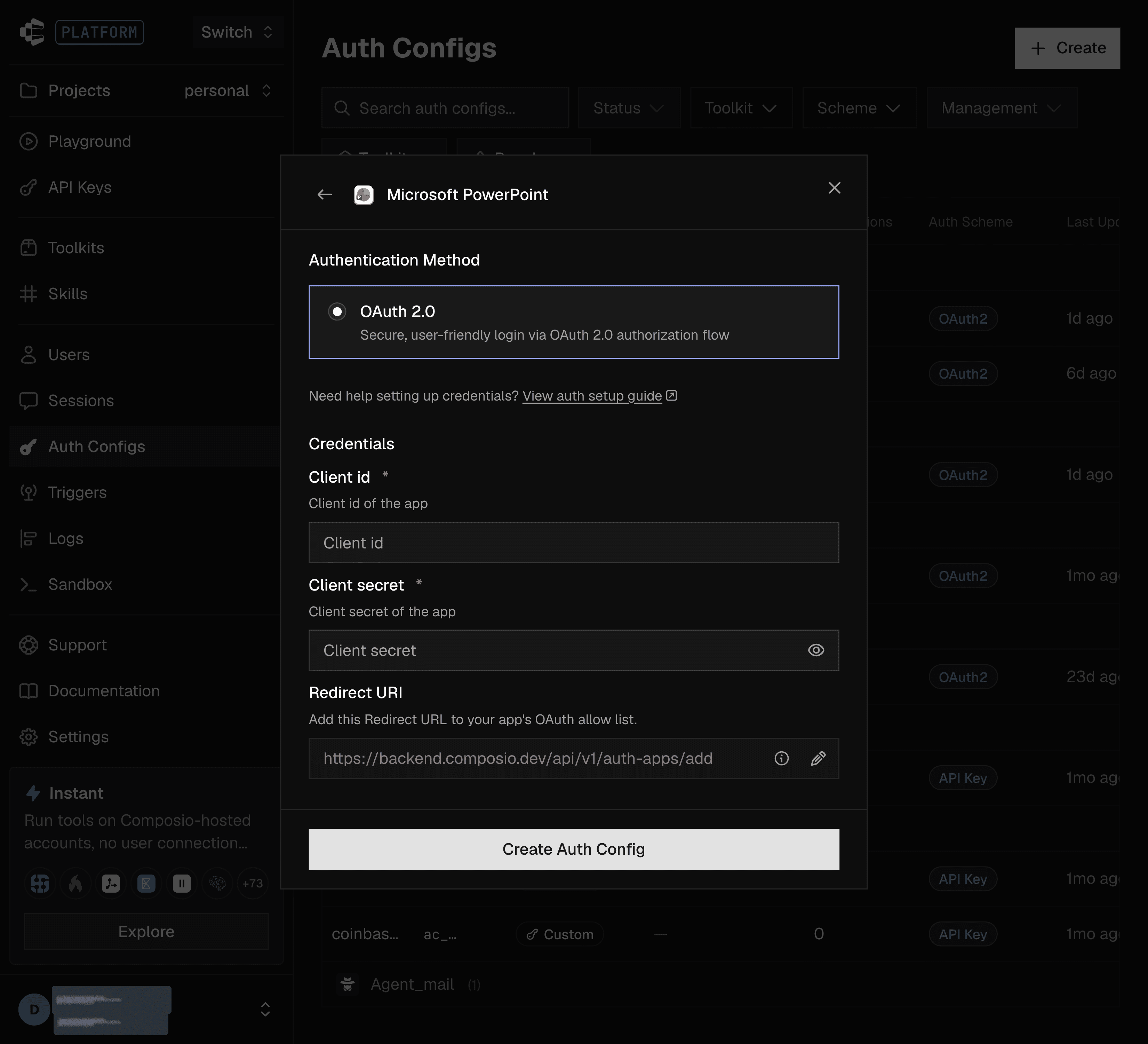 OAuth 2.0 authentication method selected