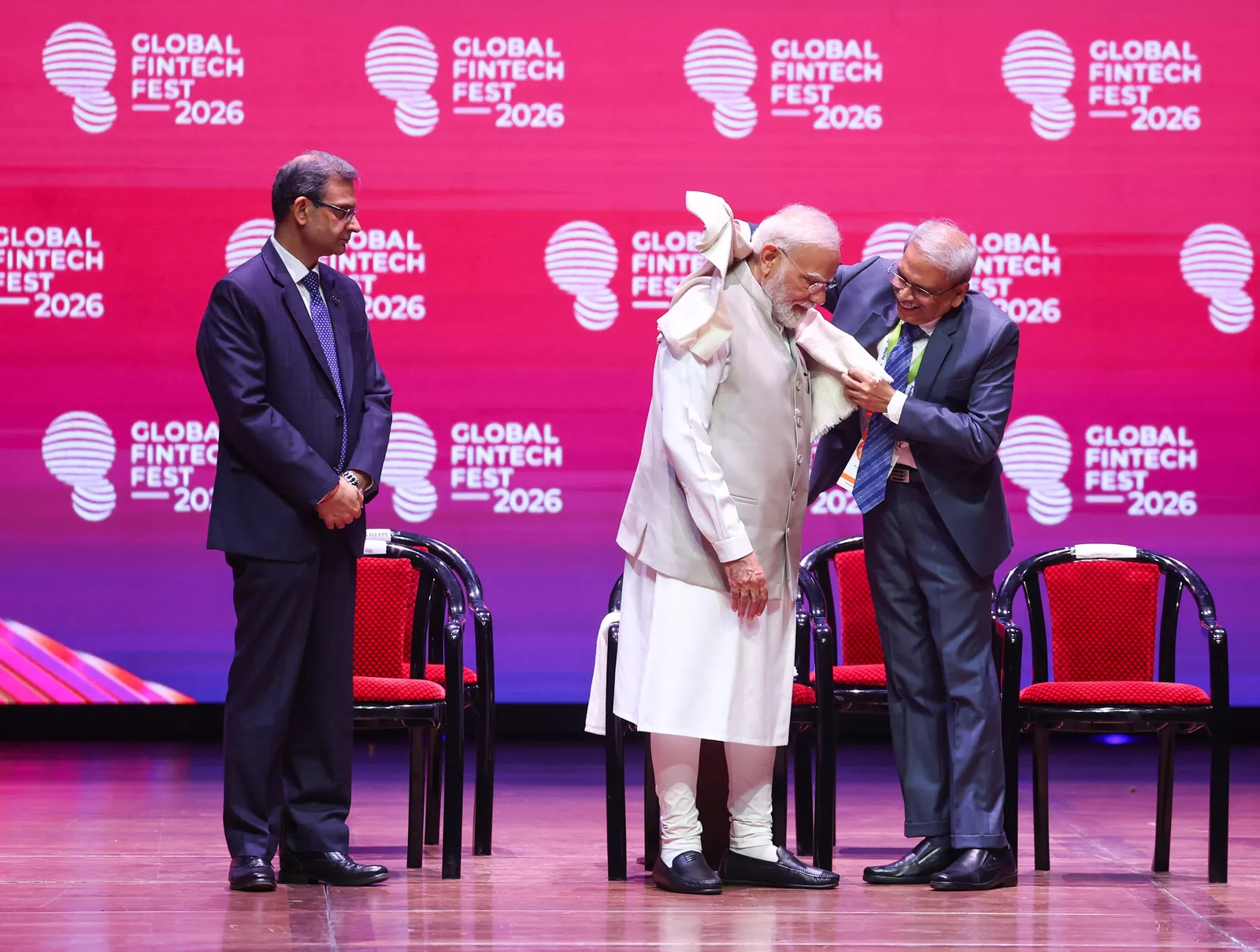 Prime Minister Narendra Modi being felicitated on stage at the inauguration of Global Fintech Fest 2026 at the Jio World Centre, Mumbai, 8 September 2026