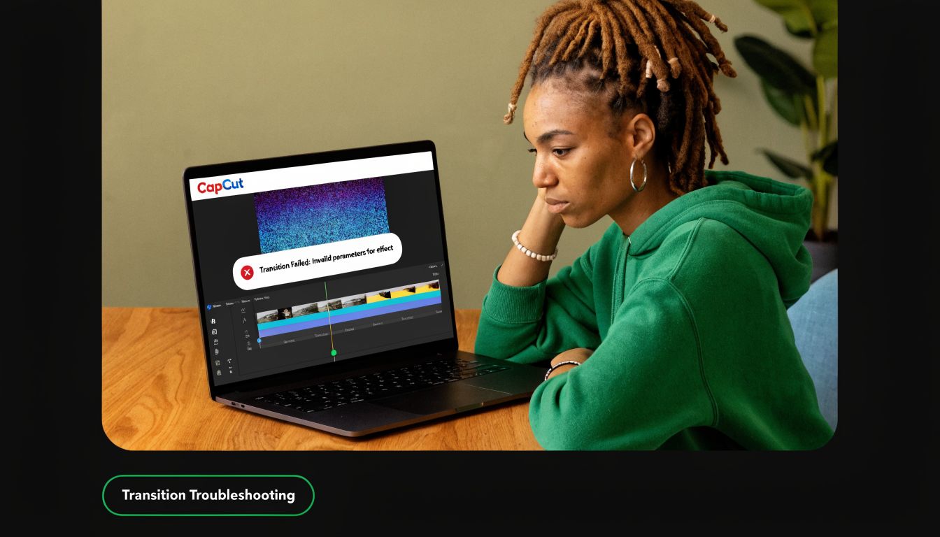 A person looking at a laptop screen displaying a CapCut software error message while editing a video.