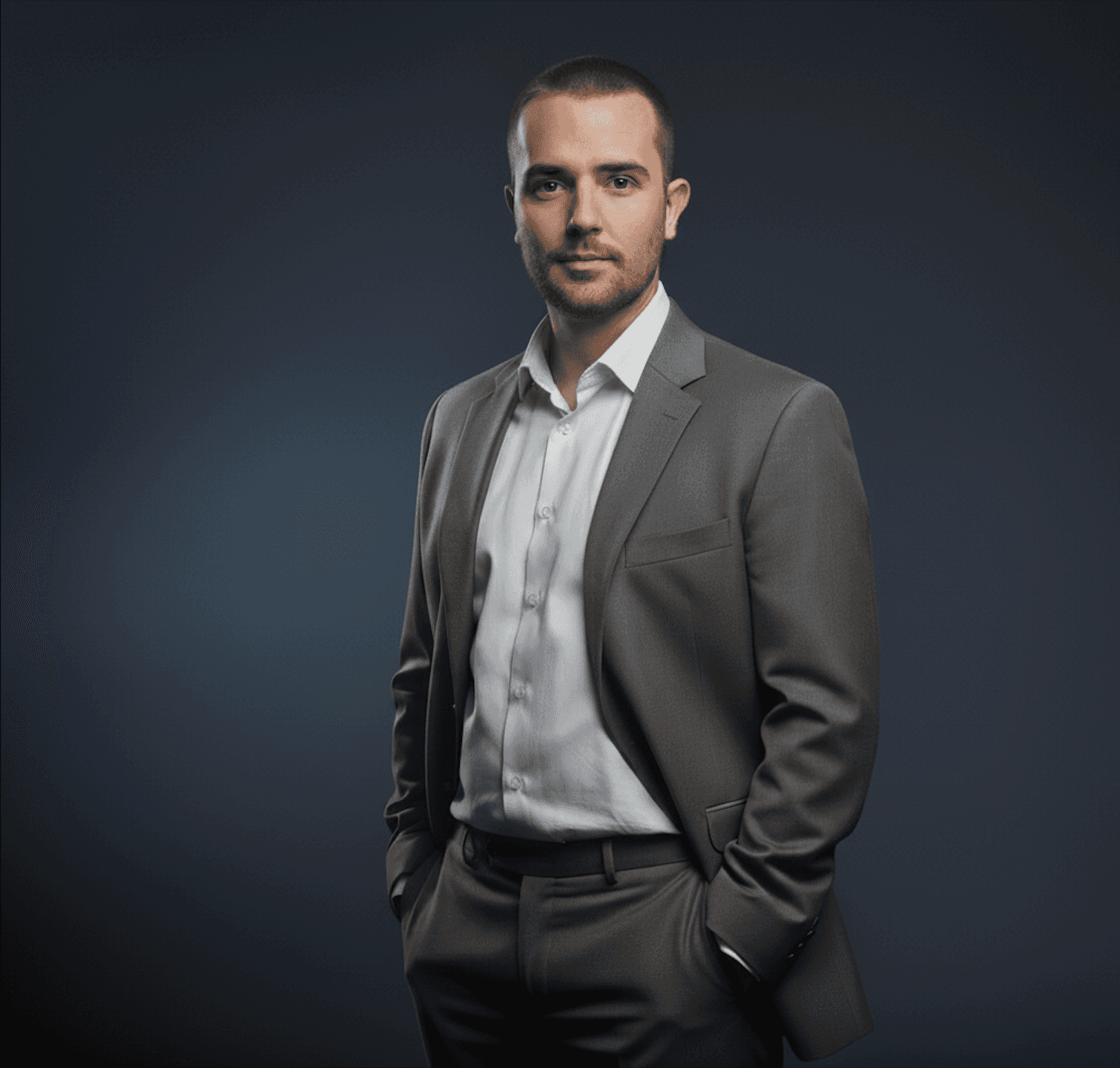Man standing in a gray suit and white shirt with his hands in his pockets, posed against a neutral dark background.