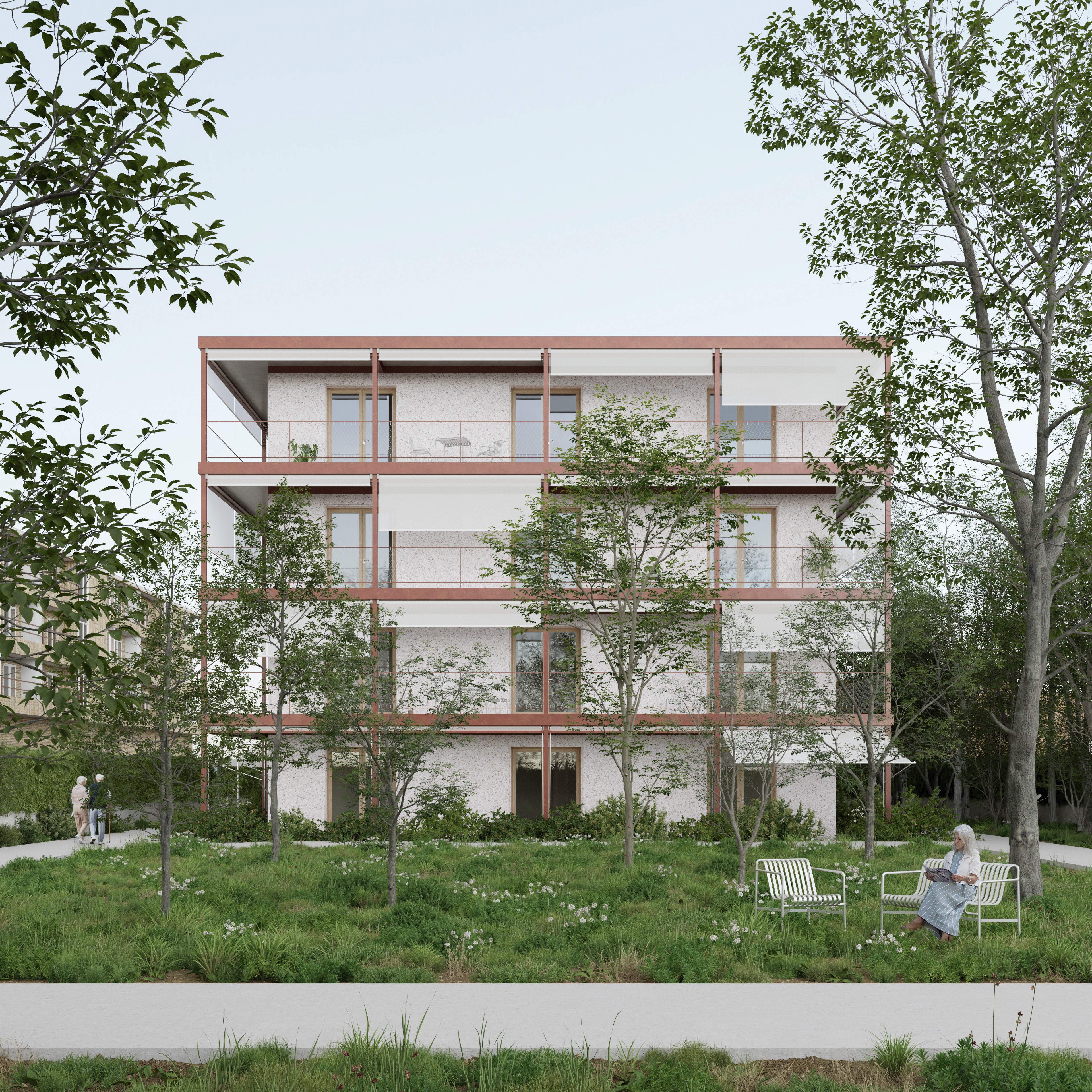 Apartment building surrounded by trees and landscape
