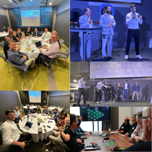 Fotocollage mit Eindrücken aus realen WhatTheHack Cyber-Awareness-Events auf Konferenzen, Netzwerktreffen und bei Unternehmen. Zu sehen sind Teams während spannender Spielrunden, virtuelle Online-Sessions, die Siegerehrung mit Pokalübergabe sowie Teilnehmende, die gemeinsam spielerisch Wissen zu Cyber Security, Phishing und IT-Sicherheit trainieren.