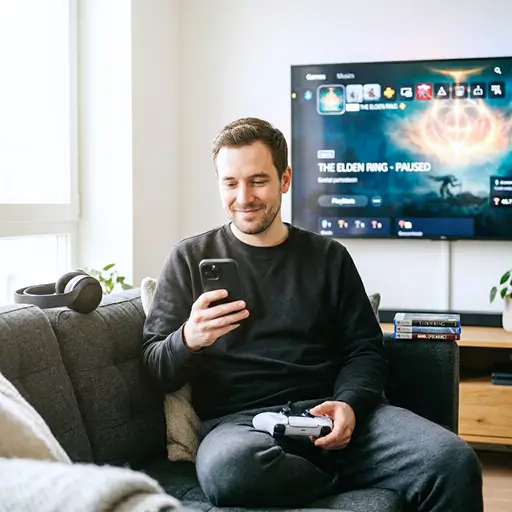 Checking Walmart price history on Whisprice for a big-ticket electronics deal; a man holds a smartphone and game controller in front of a TV screen to track rollbacks on gaming consoles.