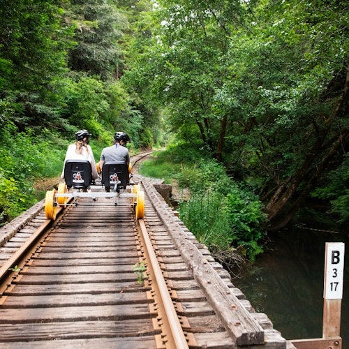 Two people on a pedal rail car ride along forested railway tracks beside a small stream.
