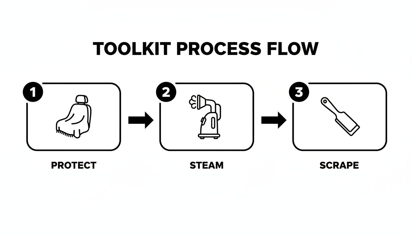 A toolkit process flow diagram showing three steps: protect a car seat, steam clean, and scrape.