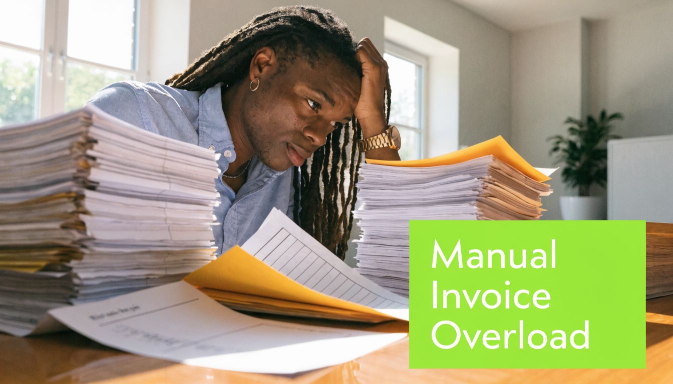 A person with locs looking stressed while surrounded by massive stacks of paper invoices on their desk.