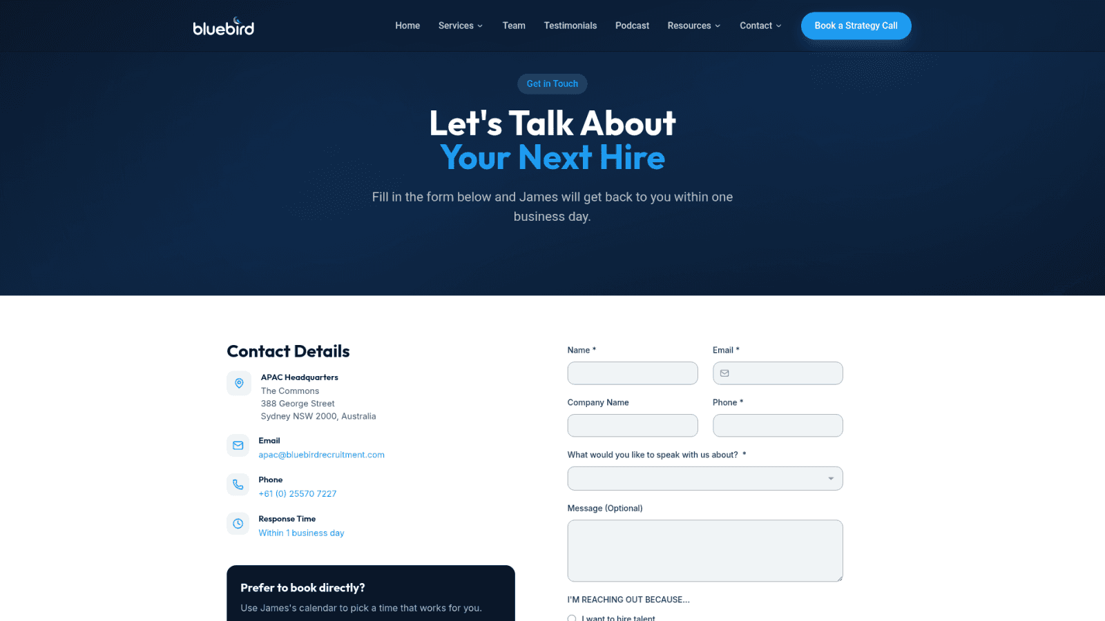 Bluebird Talent contact and strategy call page