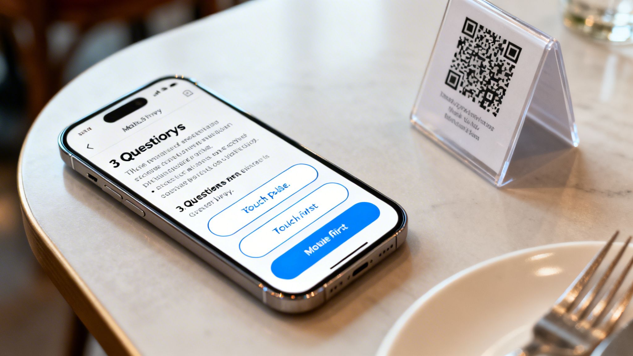 An iPhone displaying a pulse survey app on a cafe table next to a QR code stand and cutlery.