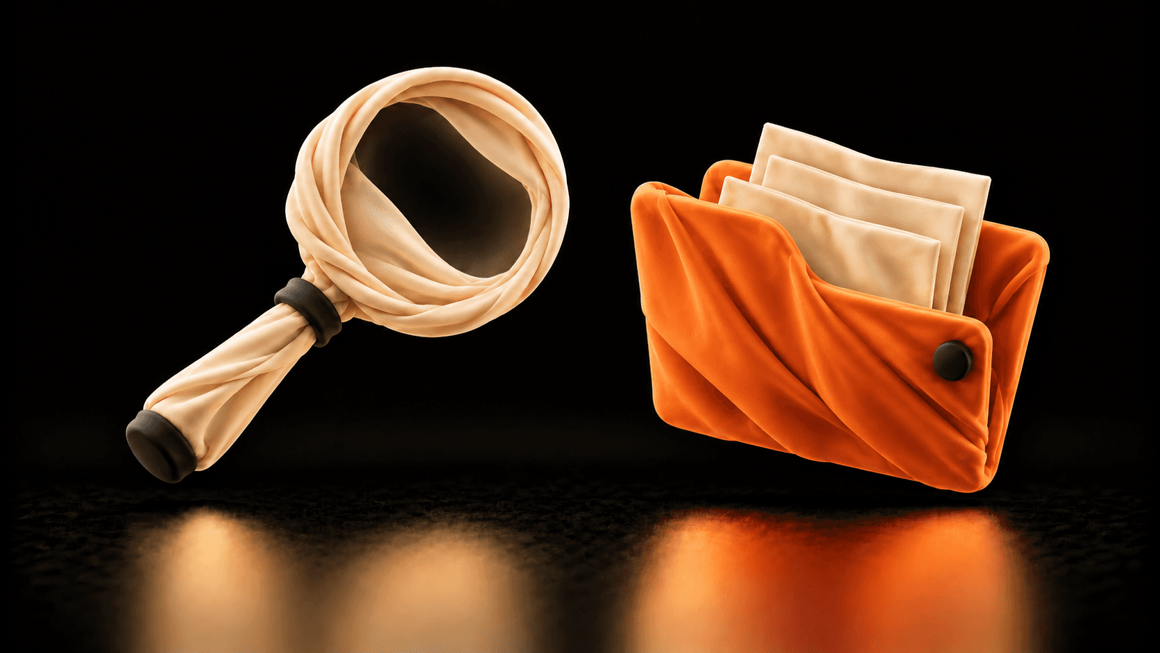 A cream cloth magnifying glass floats separately beside an apricot folder containing blank sheets.
