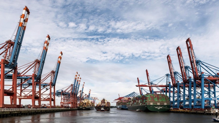Container ships docked at an industrial port