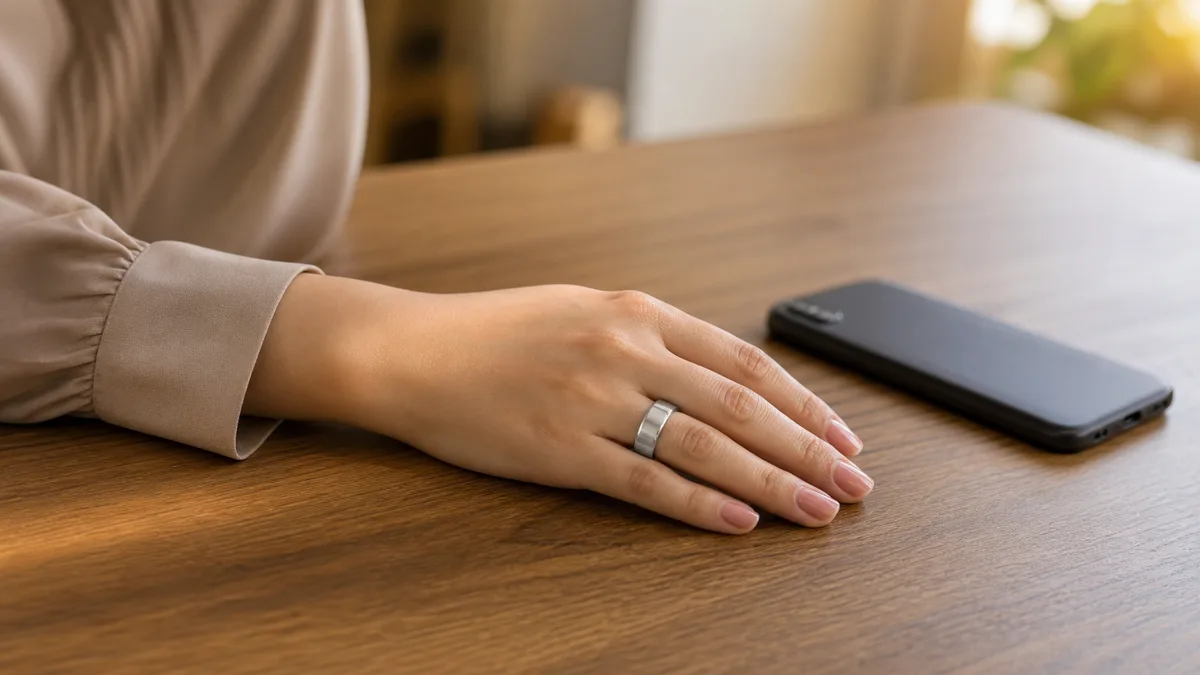 Woman wearing a silver smart tasbih ring beside a face-down phone on a warm office desk