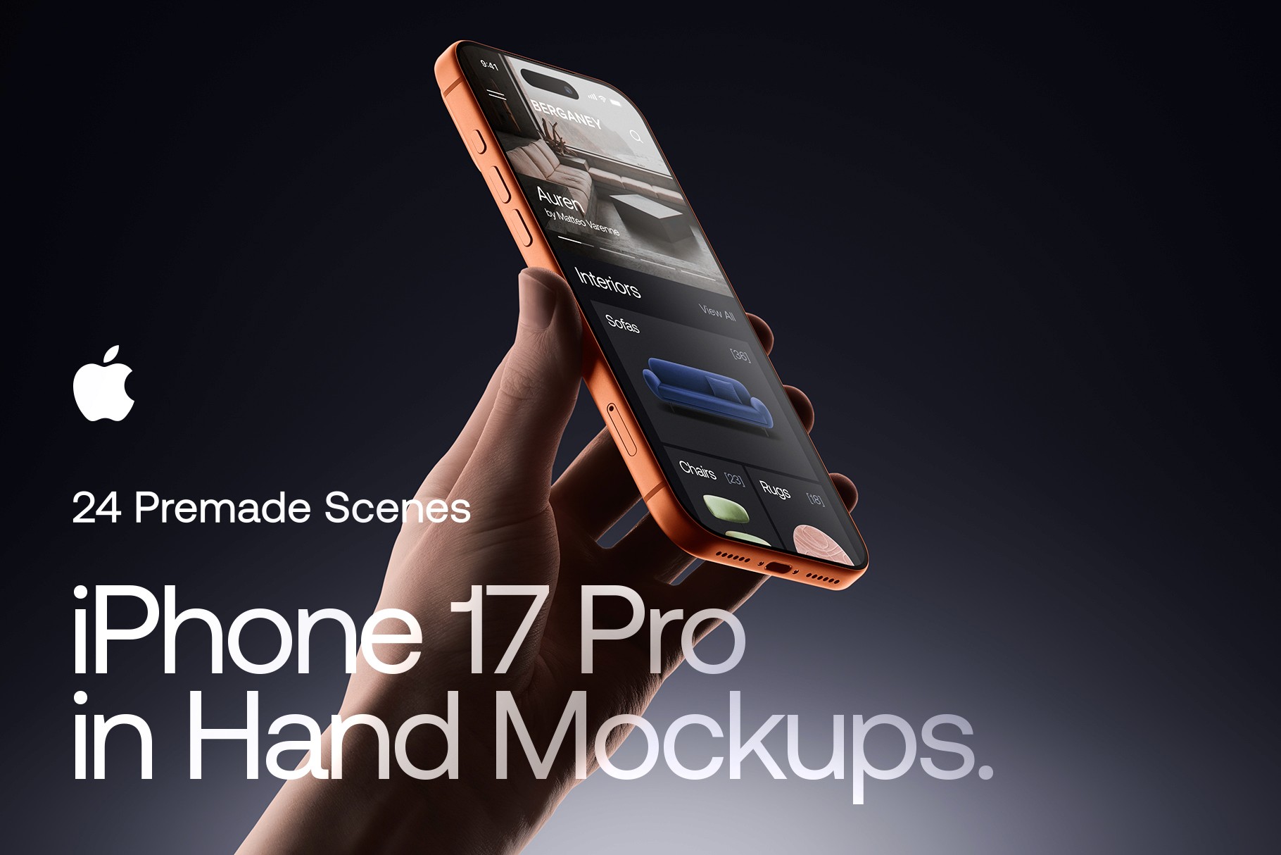 Cinematic showcase of a hand holding an iPhone 17 Pro mockup in a realistic dark setting.