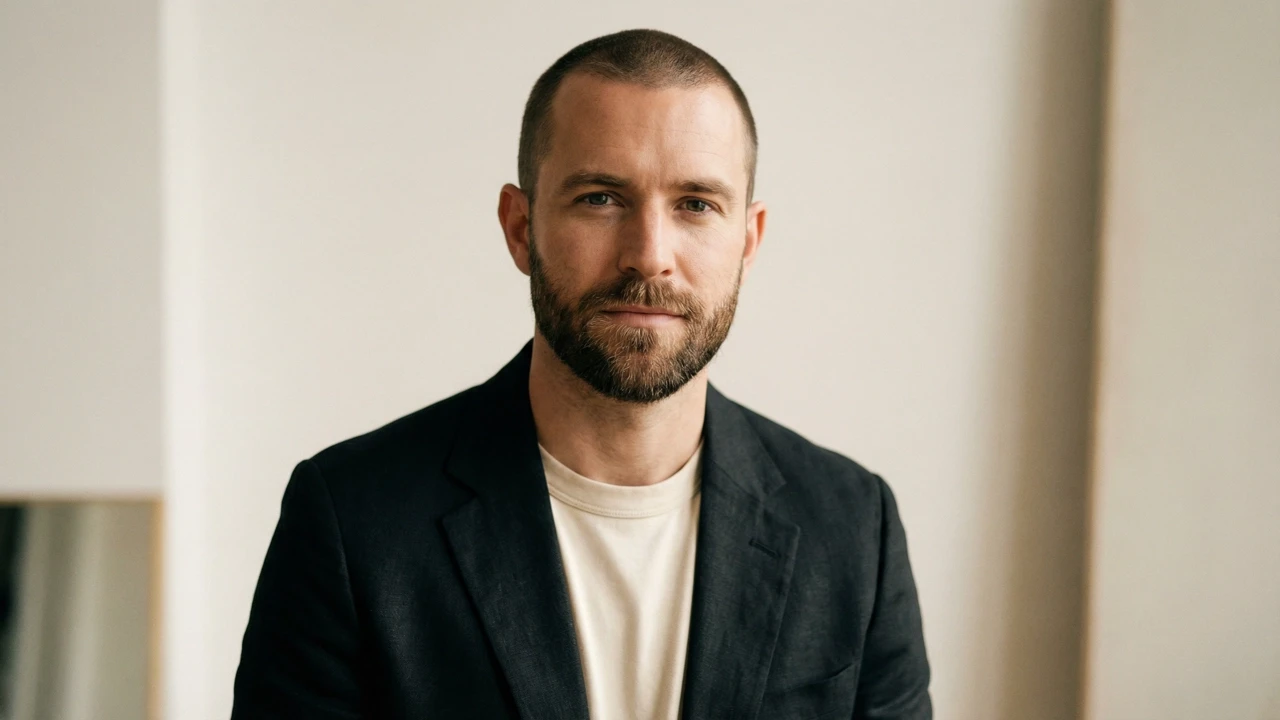A matte black, organically shaped decorative tray resting on a dark grey geometric block.