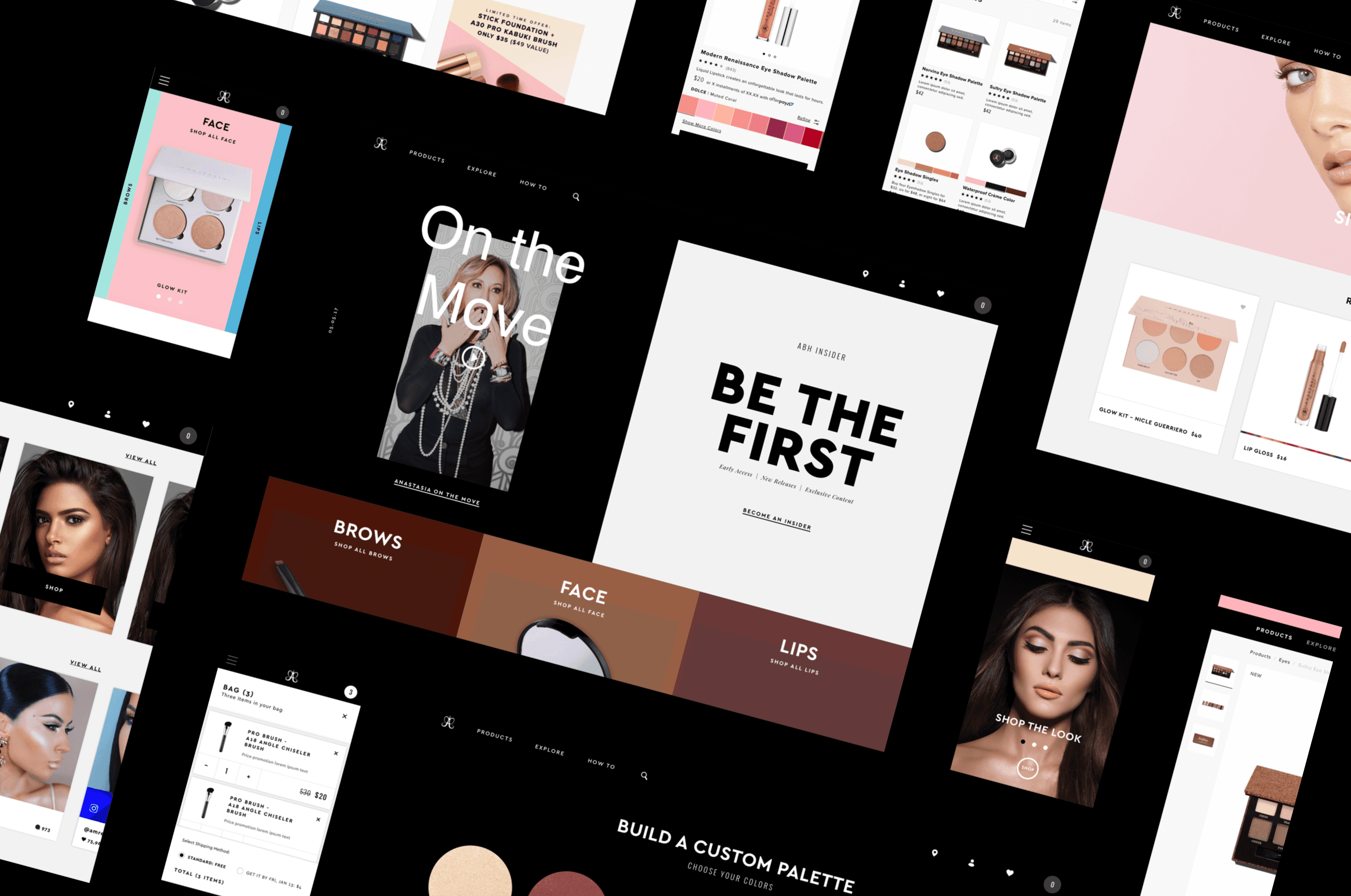 Composite of Anastasia Beverly Hills web and mobile screens showing category pages, newsletter signup, shopping bag, and palette builder.
