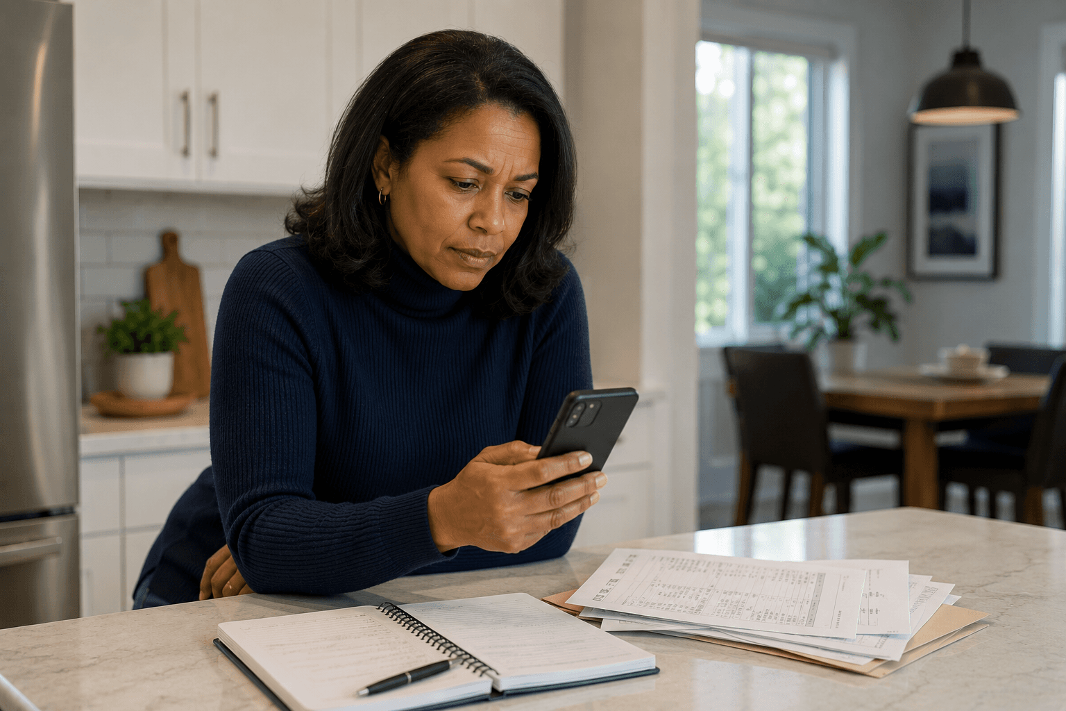Ontario landlord reviewing payment records and checking a smartphone while monitoring recurring late rent payments.