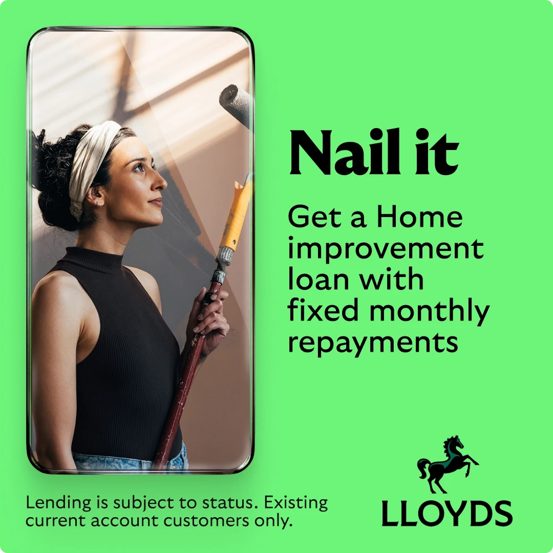 Lloyds Bank home improvement loan social media ad showing determined woman in black top and white headband holding paint roller and brush framed within smartphone graphic, bold 'Nail it' headline promoting fixed monthly repayment home renovation loans on bright green background with Lloyds horse logo