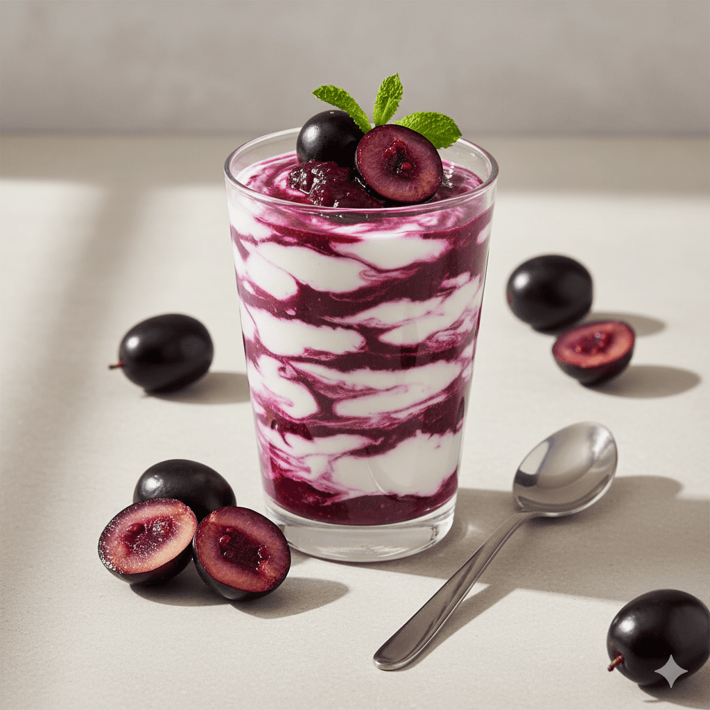 Layered Jamun yogurt parfait with granola – healthy dessert using frozen Jamun pulp.