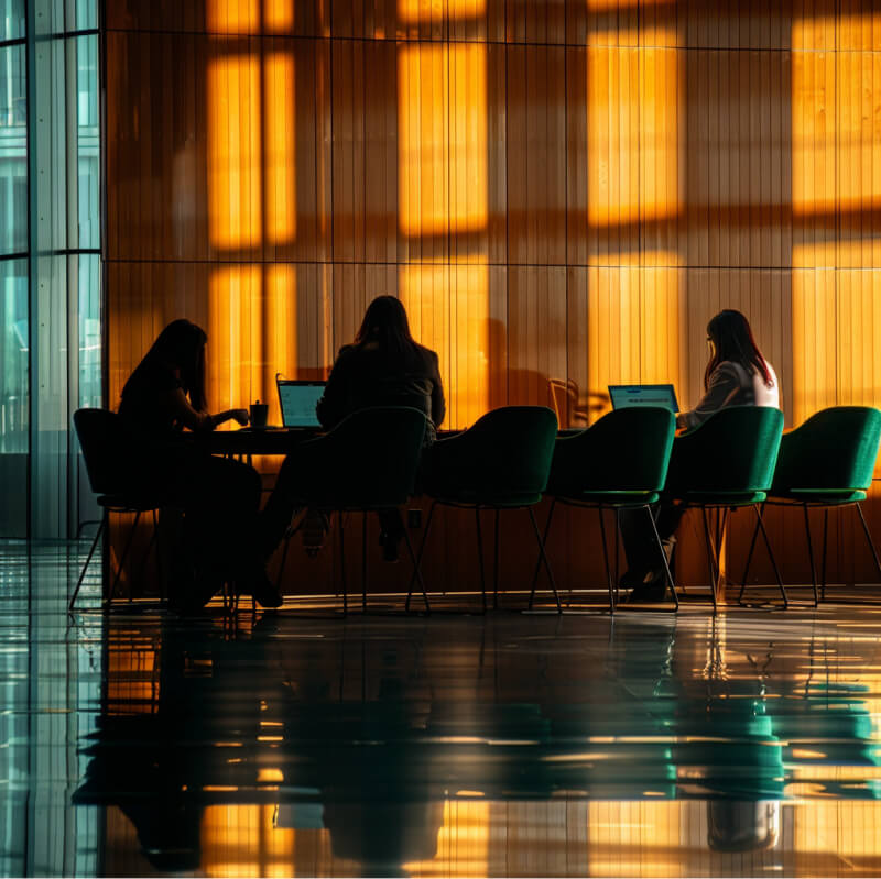 ai brand imagery showing people sitting in a conference room in silhouette lighting