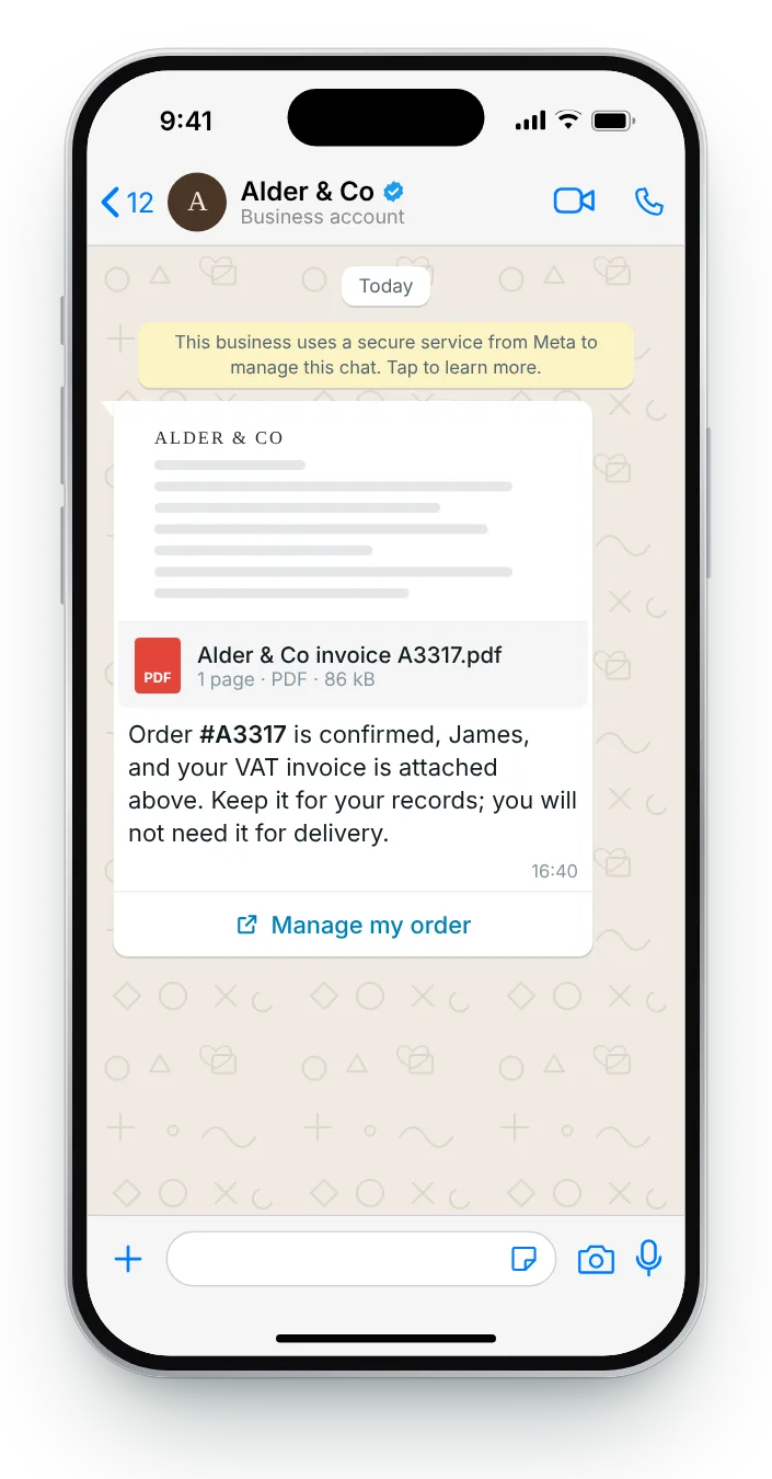 The invoice attached as a document: WhatsApp order confirmation on an iPhone