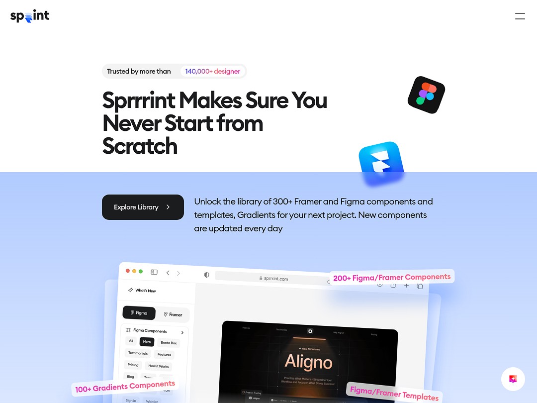 Sprrrint landing page showcasing a library of 300+ Framer and Figma components, templates, and gradients for designers