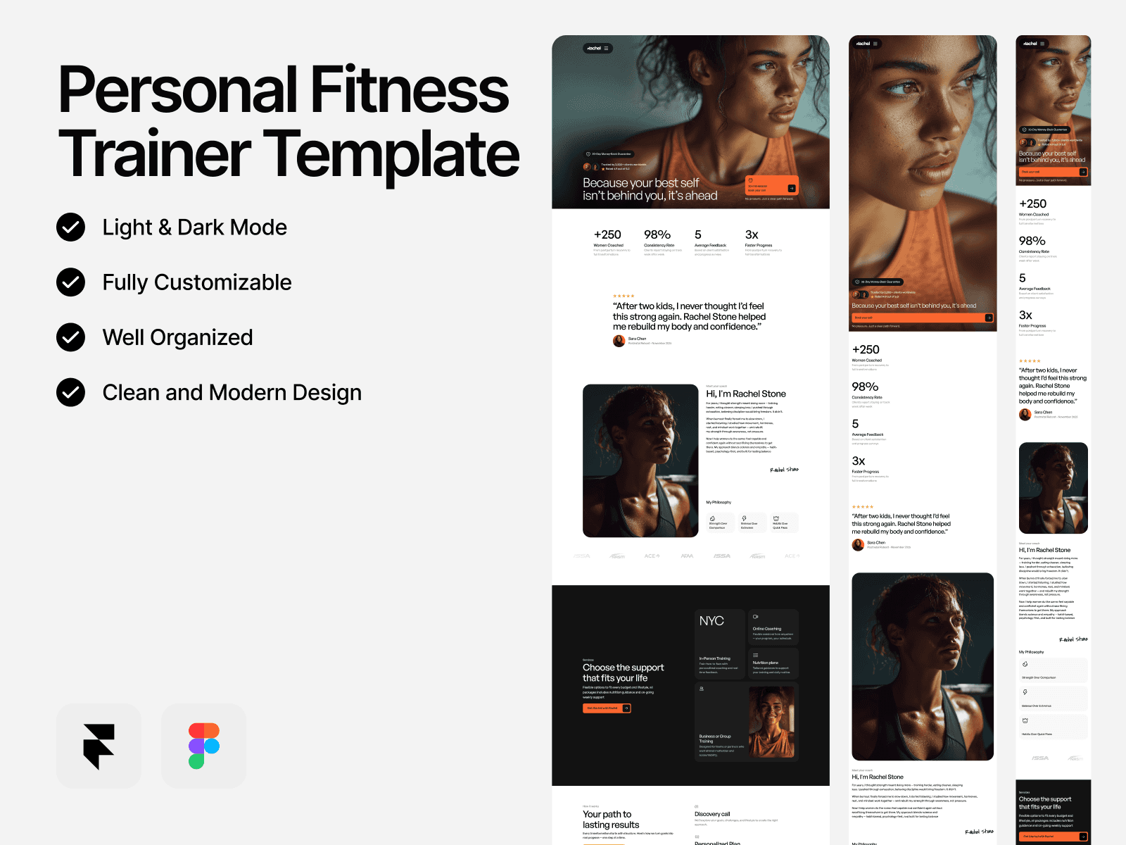 Rachel Fit – personal fitness trainer website template in Framer showcasing bold typography and energetic fitness visuals