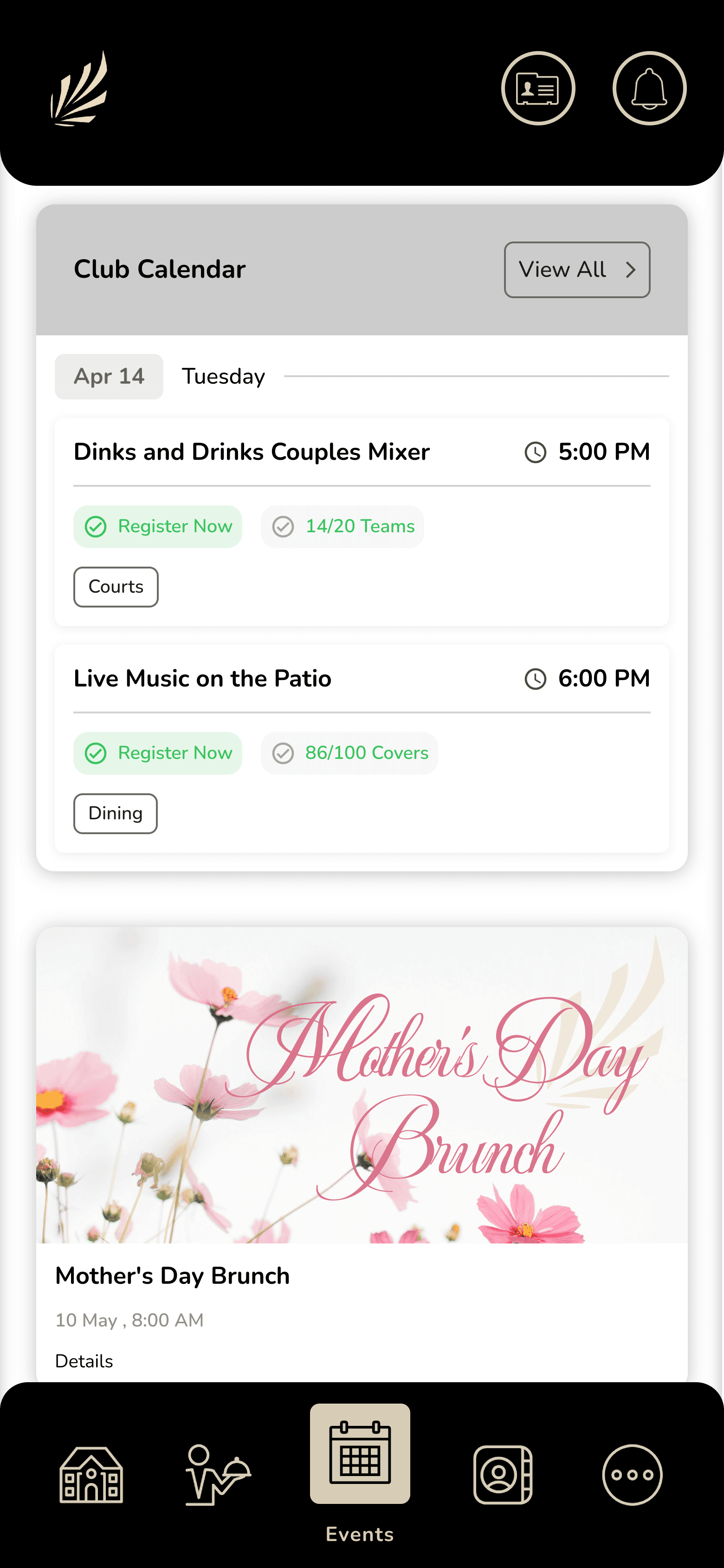 ForeTees club calendar widget on the ClubCentral app on a mobile device