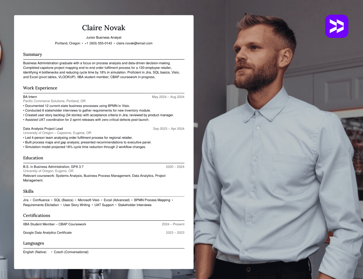 Business analyst resume example on a clean textured background
