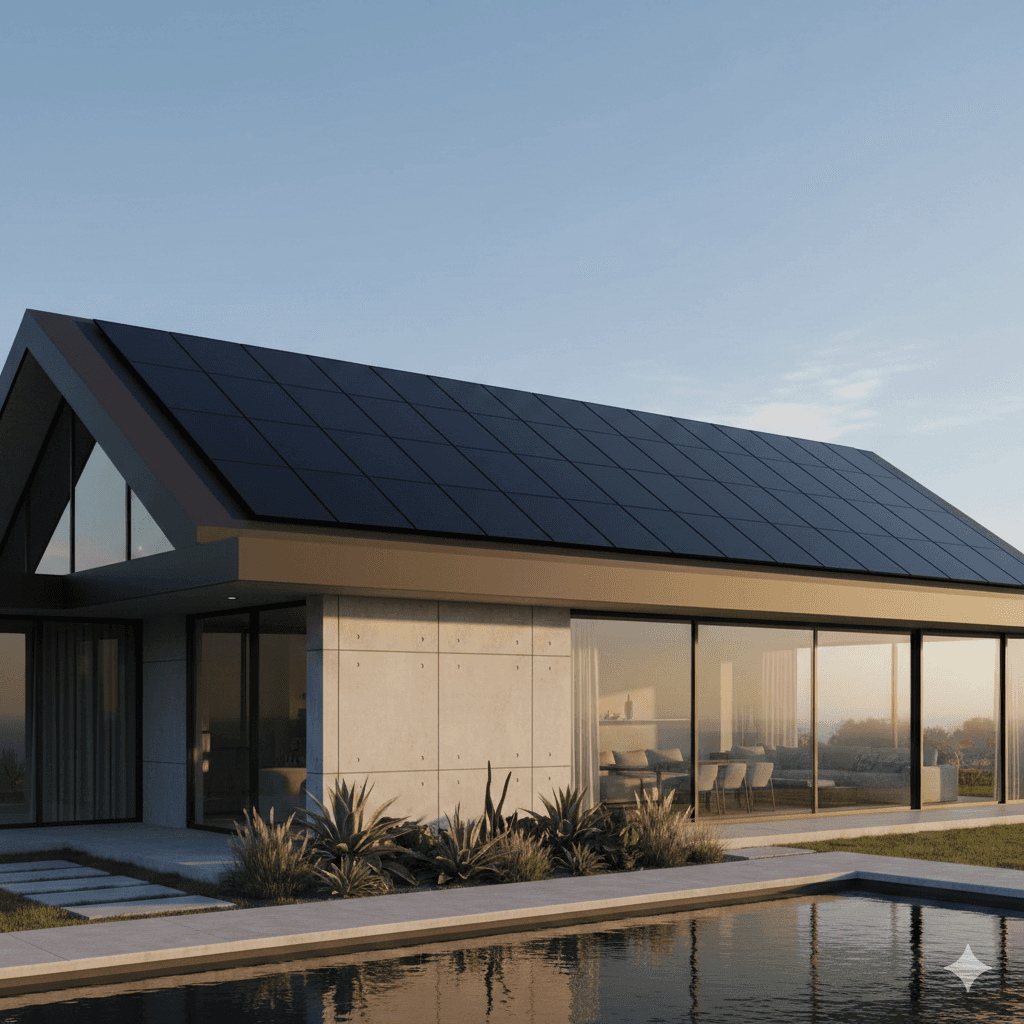 Ein modernes Haus mit großen Fenstern und Flachdach, umgeben von Grün vor einem klaren blauen Himmel.