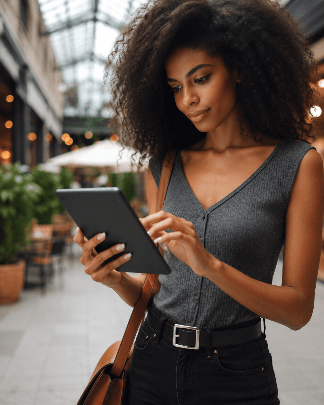 Woman operating a tablet device in a shopping mall