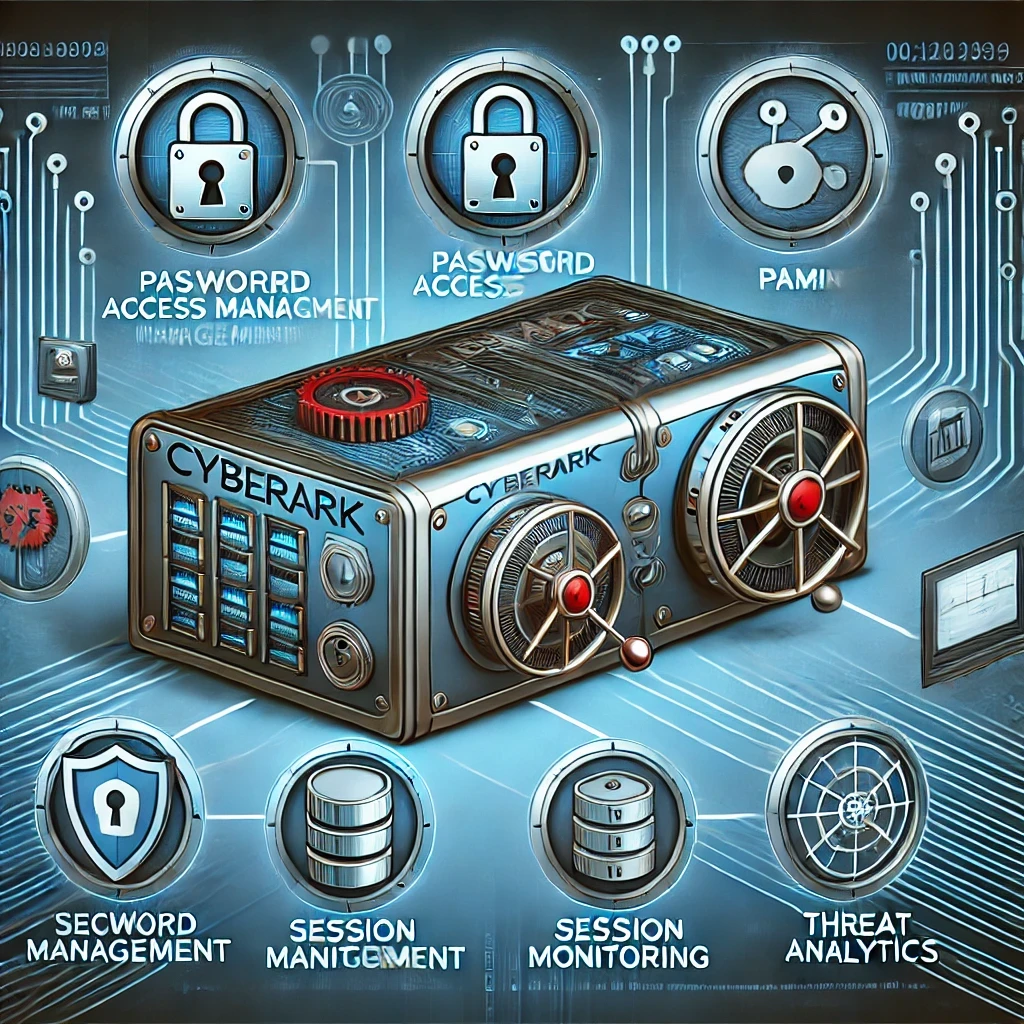 An image depicting CyberArk tools for Privileged Access Management (PAM). The illustration features a digital vault with secure locks, along with icons representing password management, session management, session monitoring, and threat analytics. The design emphasizes the advanced capabilities of CyberArk in managing and securing privileged access within an organization's IT infrastructure.