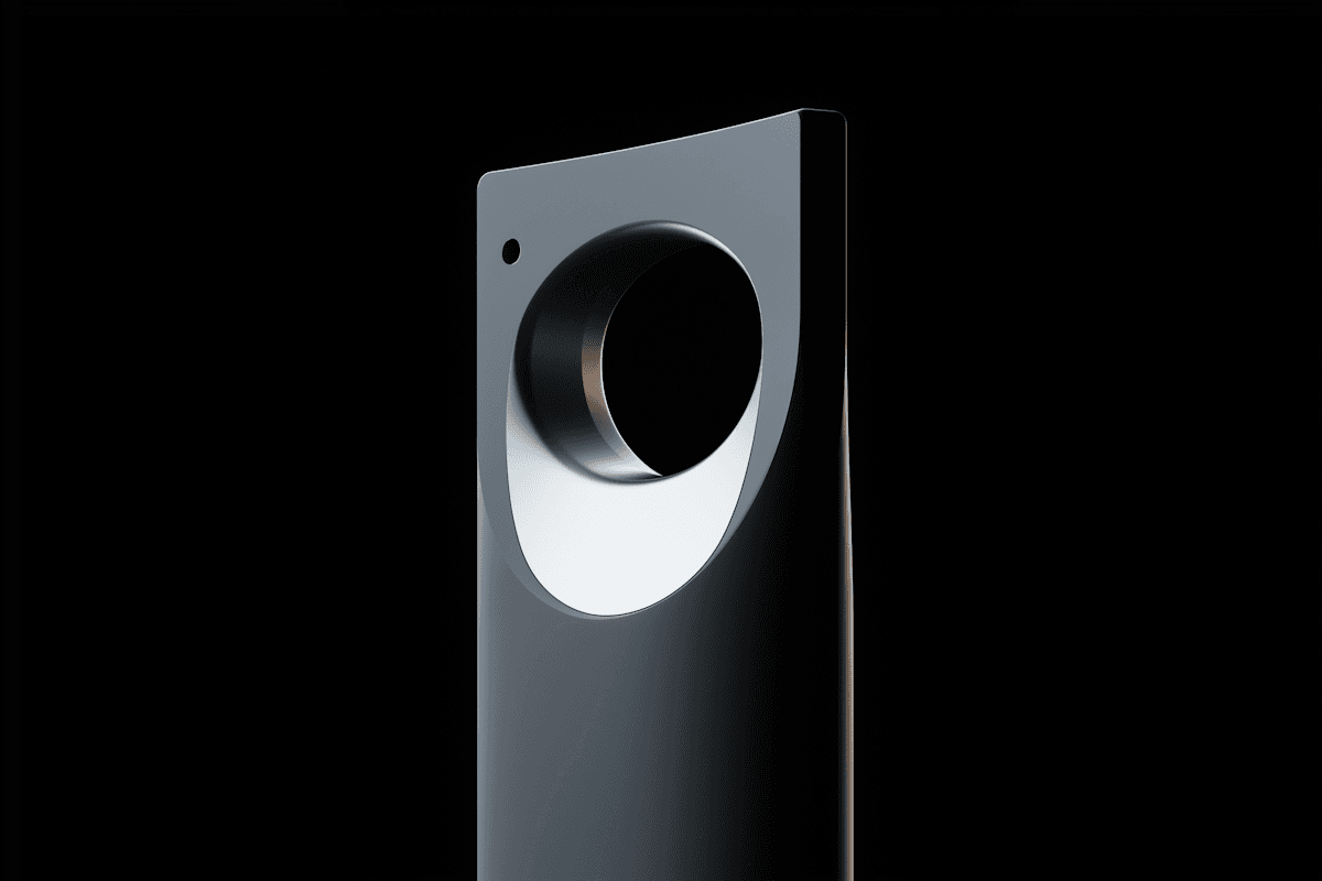 Close-up of a sleek, dark metallic device with a circular cutout against a black background.