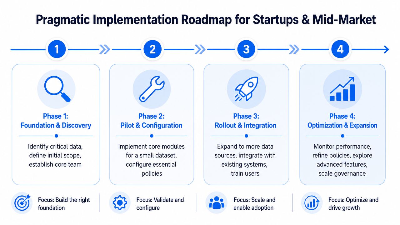 A four-phase implementation roadmap for startups and mid-market organizations focused on data governance strategies.