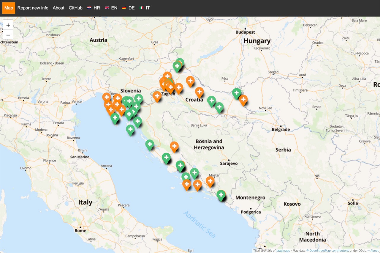 Map of Croatia with Covid testing sites marked across the country