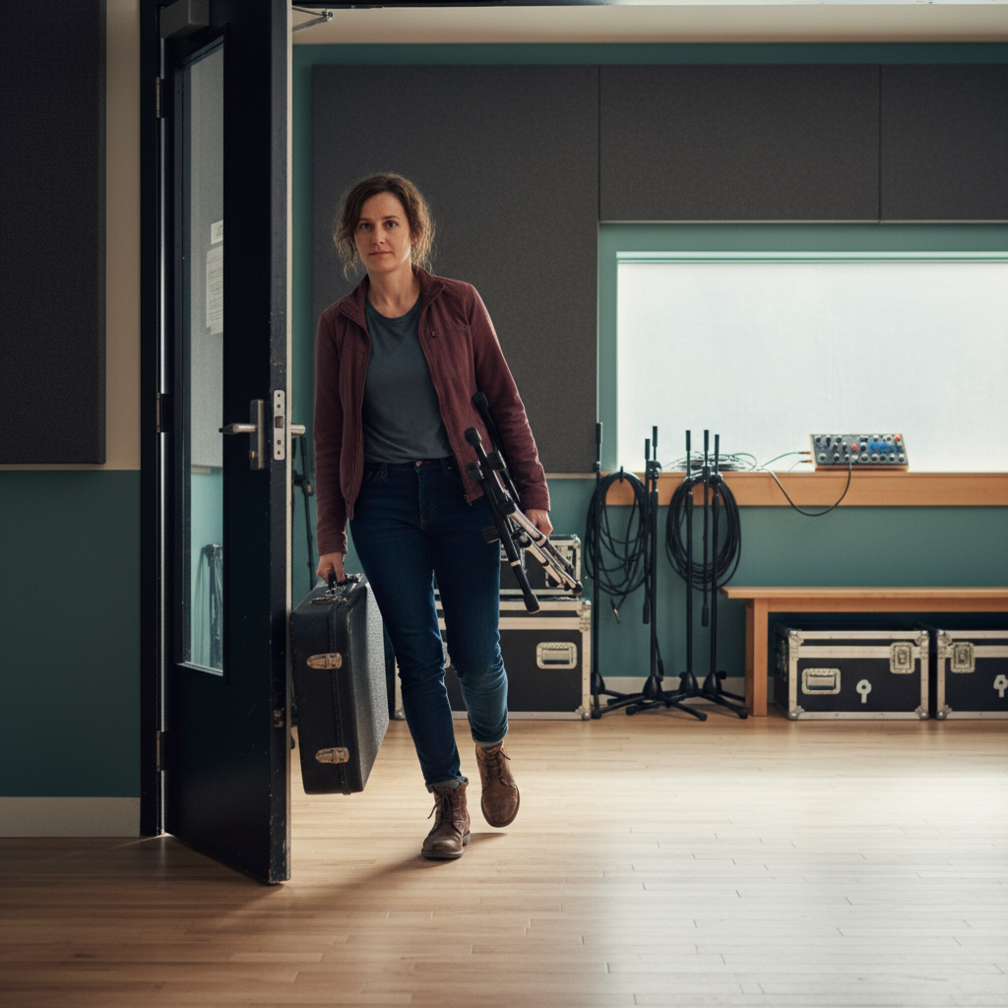 Eine Musikerin schiebt die Studiotür mit dem Ellenbogen auf und balanciert Gitarrenkoffer und zusammengeklappten Keyboardständer. Drinnen stehen sauber ausgerichtete Stative und Cases in einem aufgeräumten Rack. Gedämpftes Licht und Ruhe lassen den Moment angenehm unaufgeregt wirken.