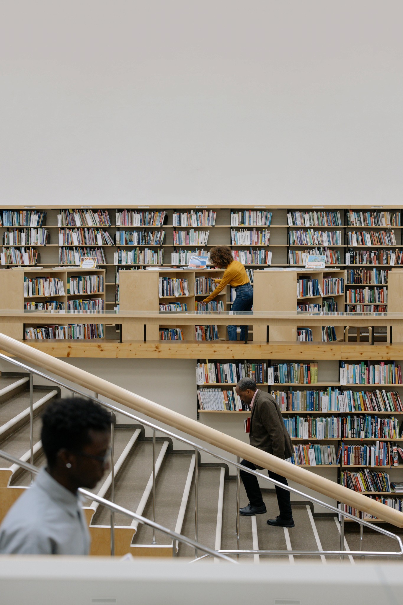 A few people browsing the collections at a library