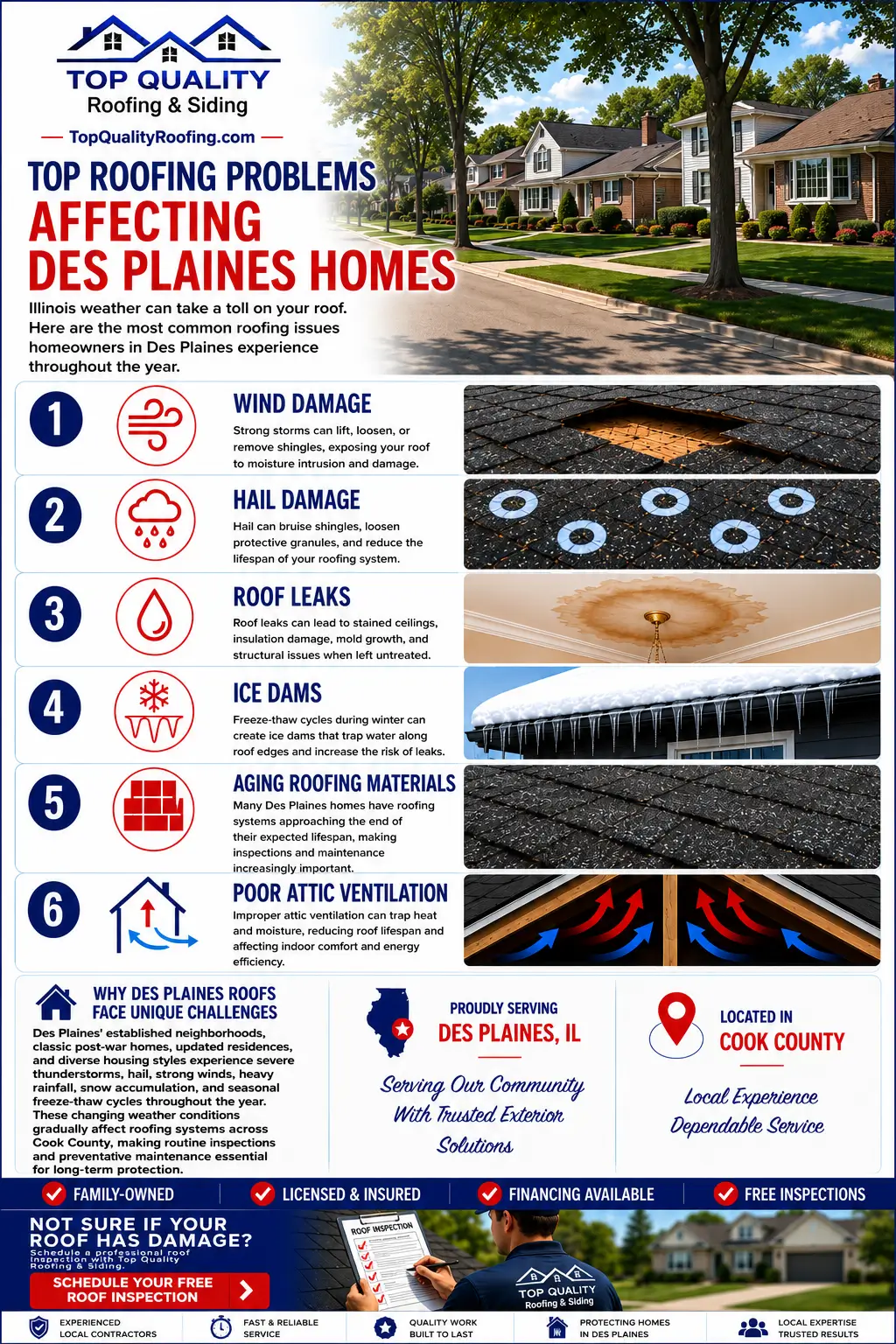 Infographic showing the most common roofing problems affecting homes in Des Plaines, IL, including wind damage, hail damage, roof leaks, ice dams, aging roofing materials, and poor attic ventilation.