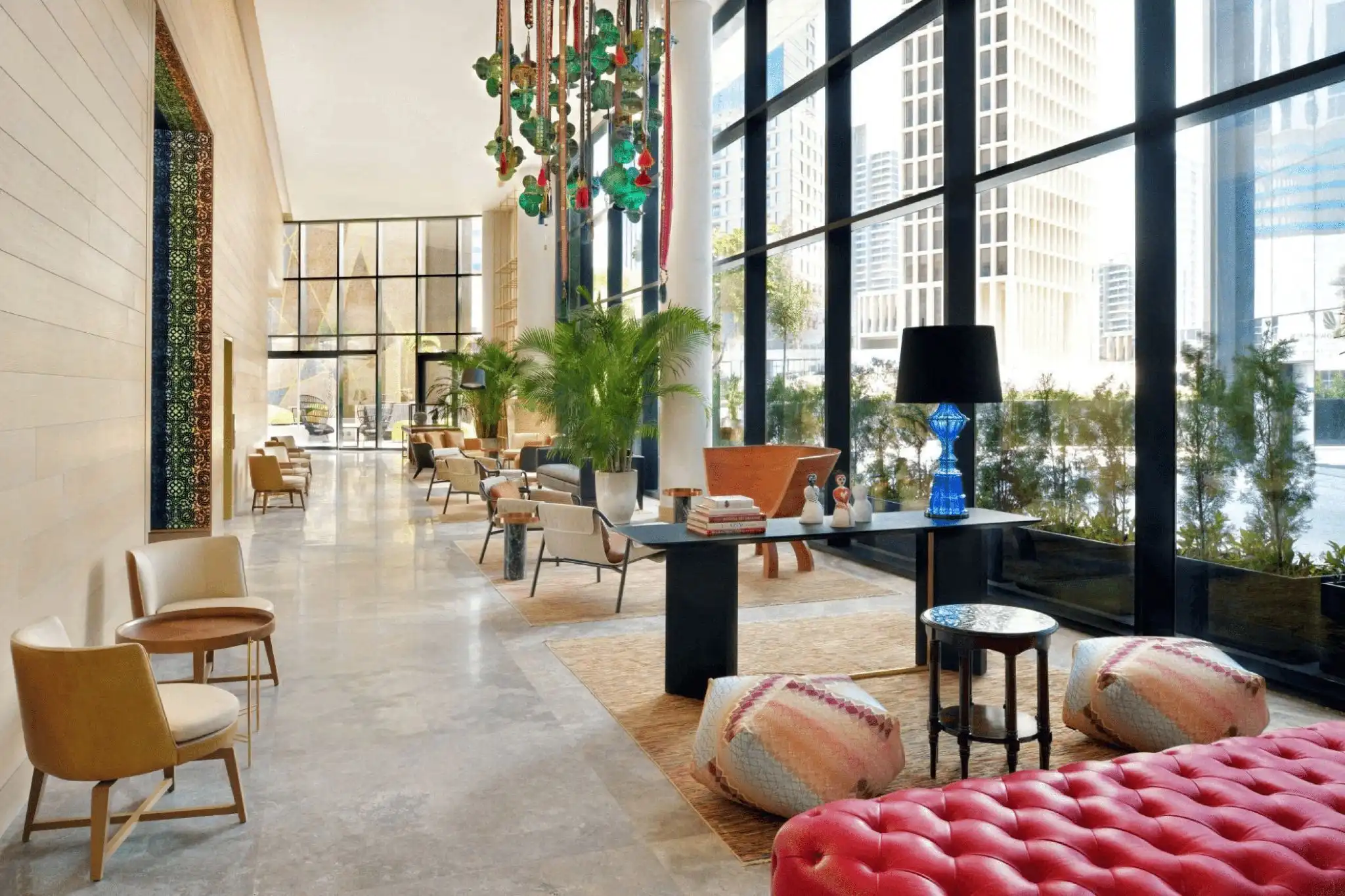 The lobby at Hotel Indigo Dubai Downtown, a pet-friendly Dubai hotel with bright, modern interiors
