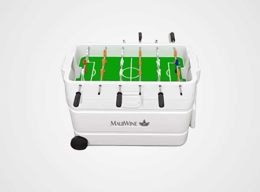 A white foosball cooler that has a foosball table on top. The cooler is on a white and light gray background.