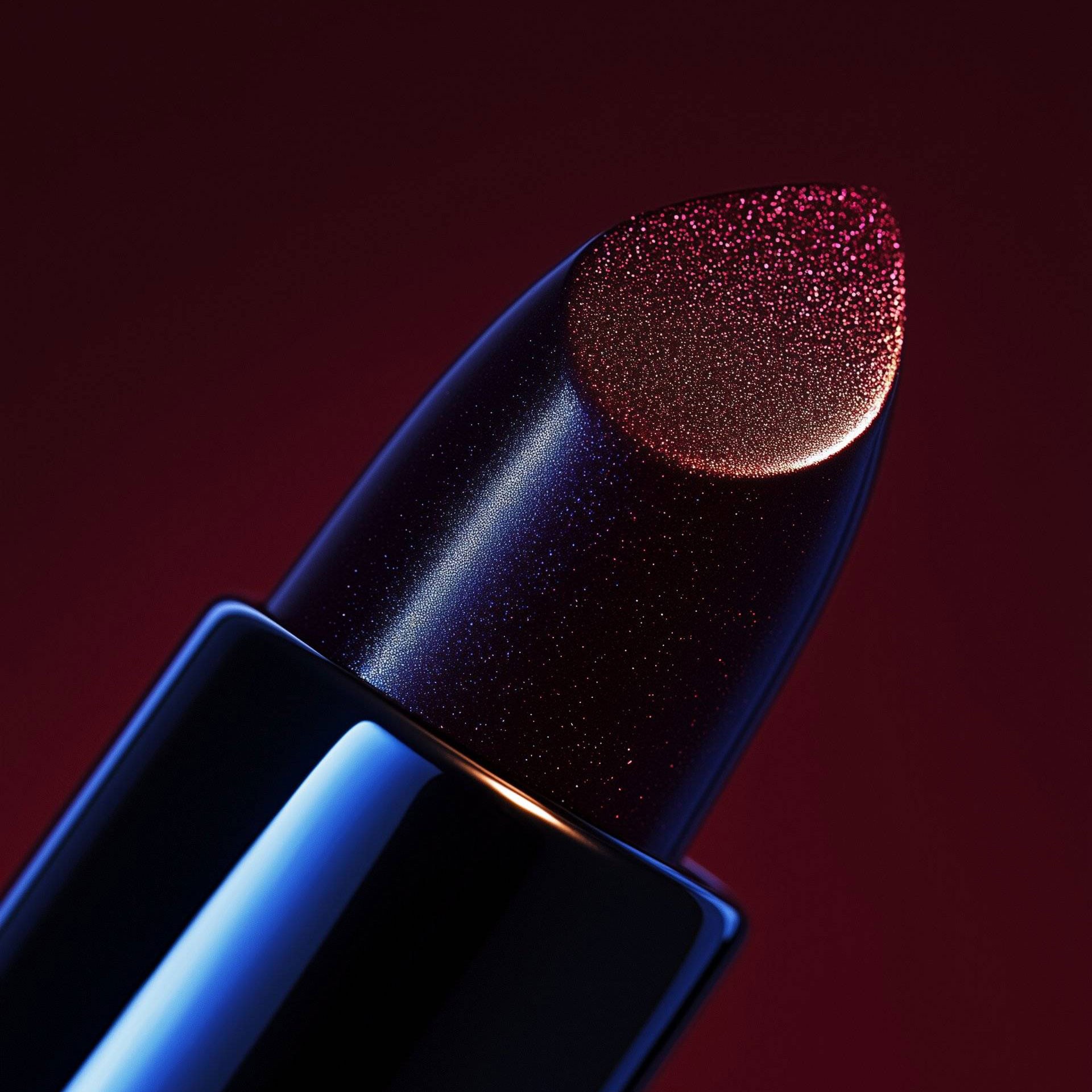 Sparkly iridescent lipstick tip, black tube.