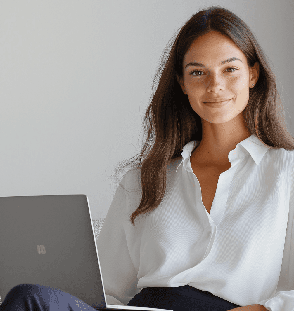 Female professional seated and working on laptop against neutral background