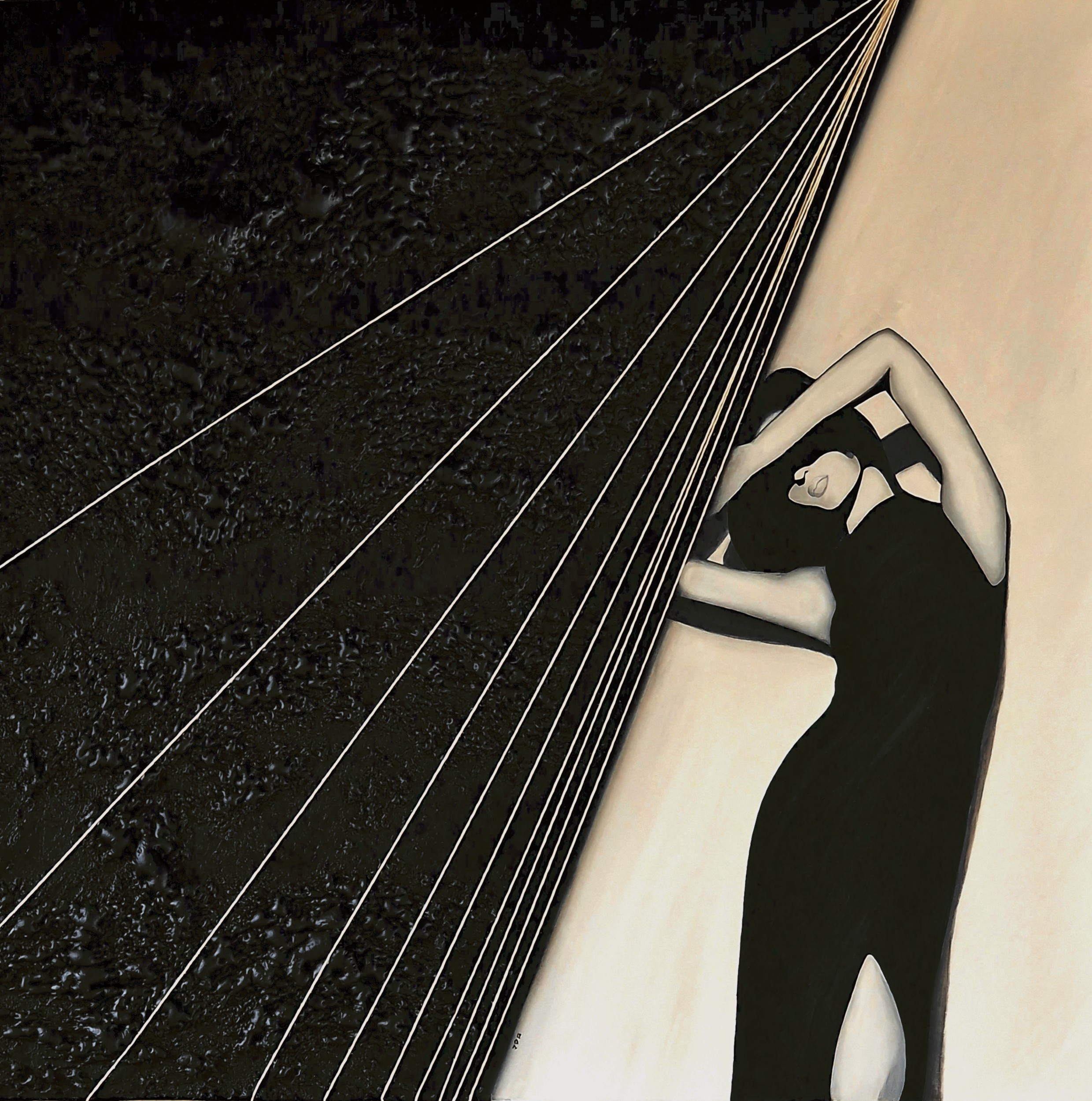 Abstract figurative artwork with dynamic female figure and linear tension, exploring balance between structure and movement