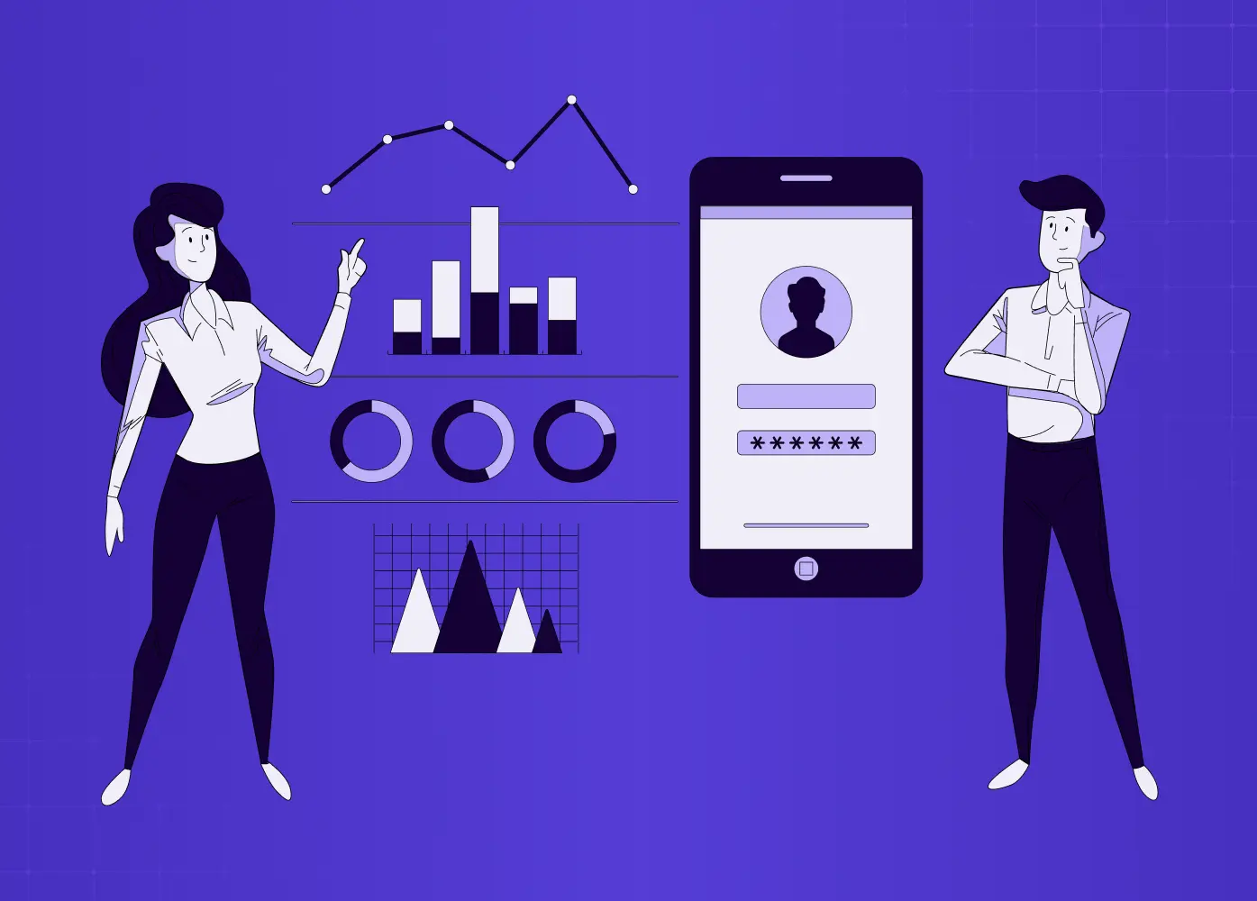 AI-ready UI illustration showing people analyzing data and interacting with a mobile interface, representing the shift toward AI-native product experiences.