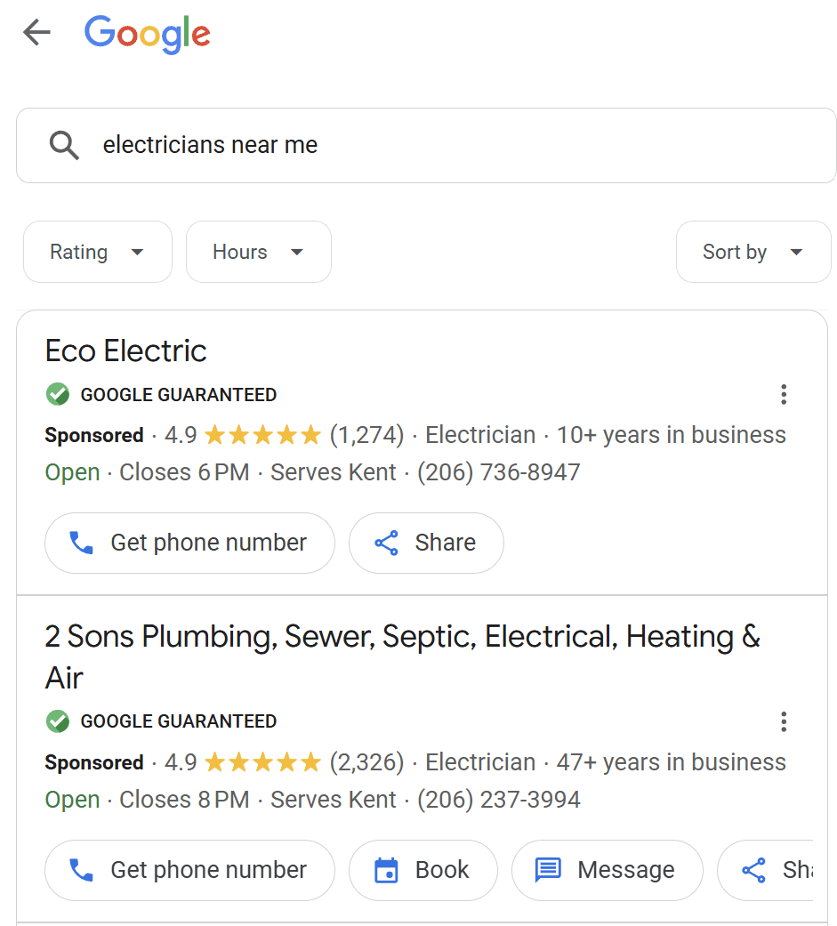 sponsored business listings on Google