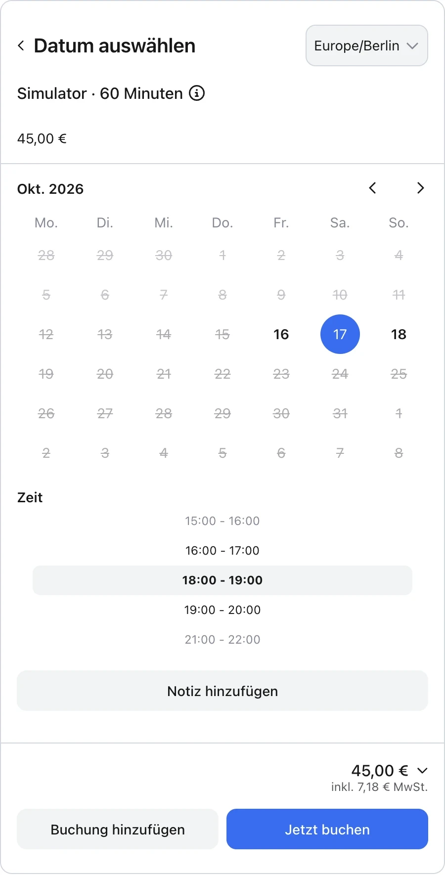 Echte anny Buchung einer Simulator-Bay im fiktiven Eichenloft am 17. Oktober, 18–19 Uhr, für 45 € pro Bay
