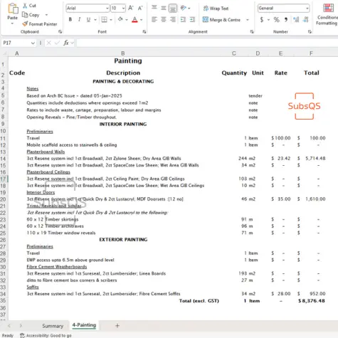 Miscrosoft Excel Screenshot of painting and decorating takeoff estimate by subsqs