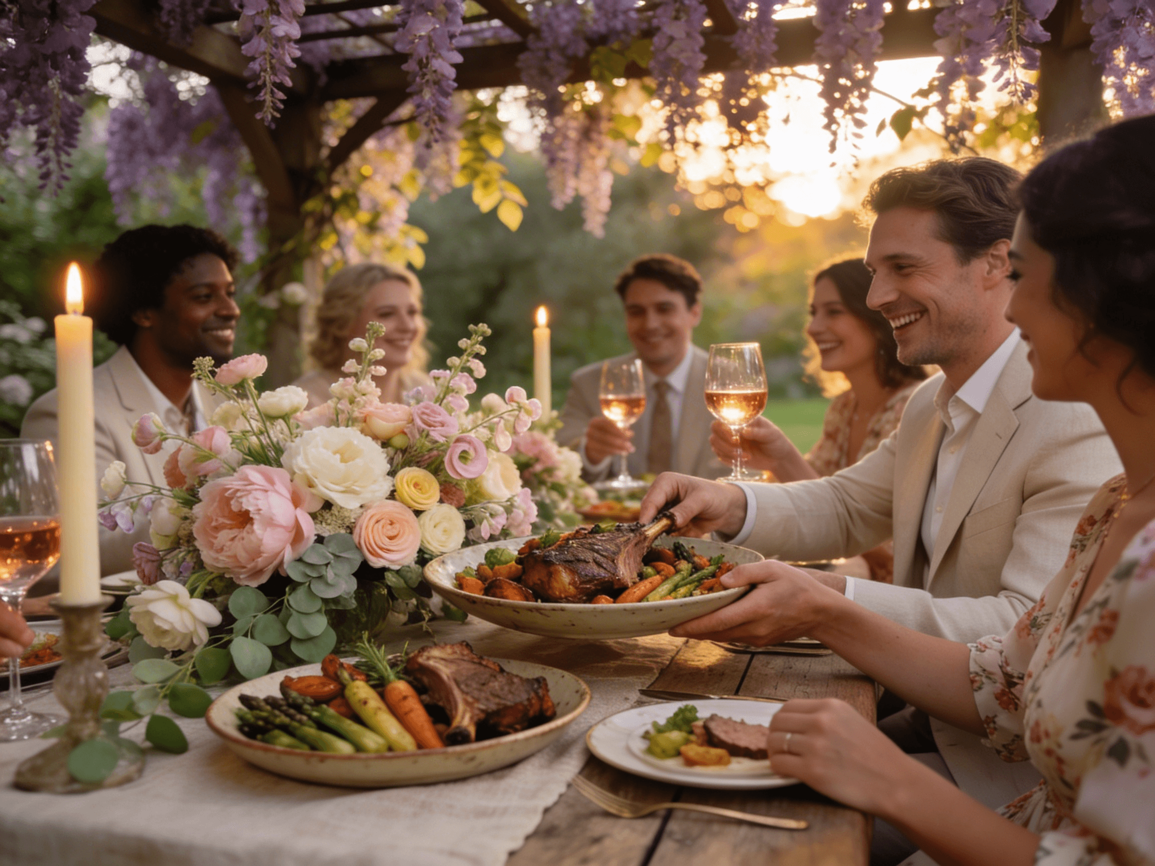 Elegant spring dinner party with floral table setting and shared dishes in Houston