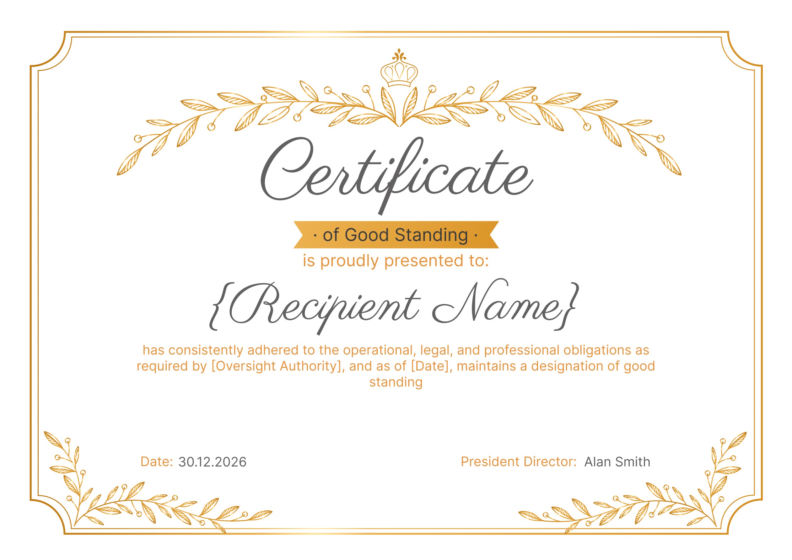 Wauld - Organized and formal certificate of good standing template