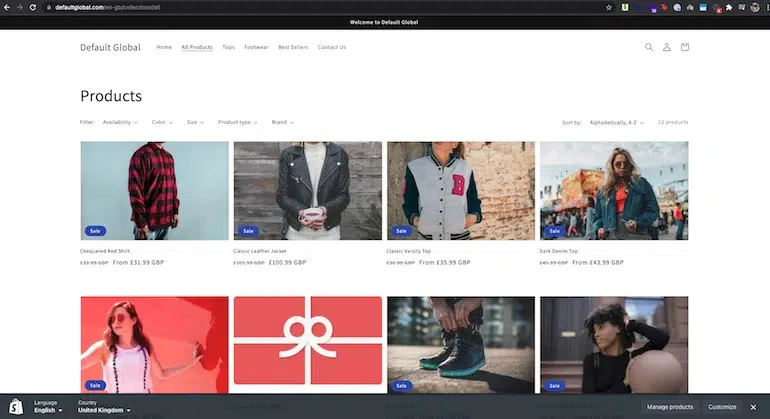 Produktseite eines Shopify-Demoshops für Großbritannien mit Preisen in GBP und ohne blauen Smoking